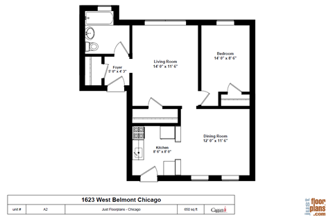 Floor plan for 1 bed, 1 bath, 465 sqft